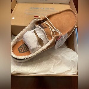 New in Box Hey Dude Suede Beige with Sherpa inside. Slip-On Shoes. Size 11M